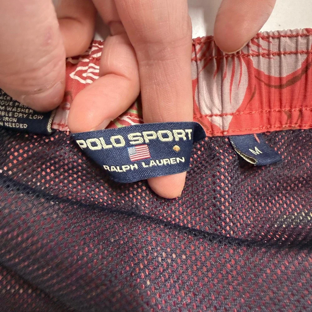 Vintage POLO SPORT Ralph Lauren‎ Mens Hawaiian Print Swim Trunks Red Pink Medium